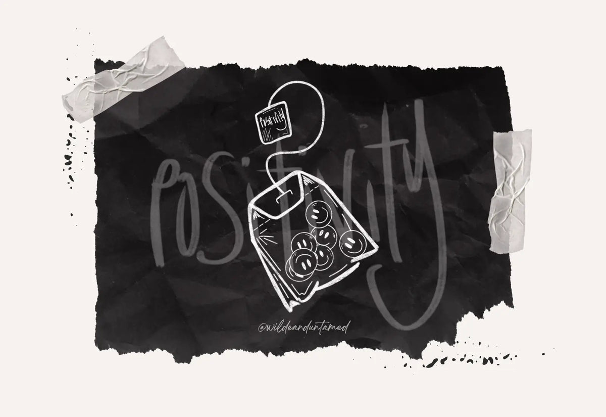 Hand drawn tea bag with smiley faces in it, a positivity tea bag, positivi-tea.