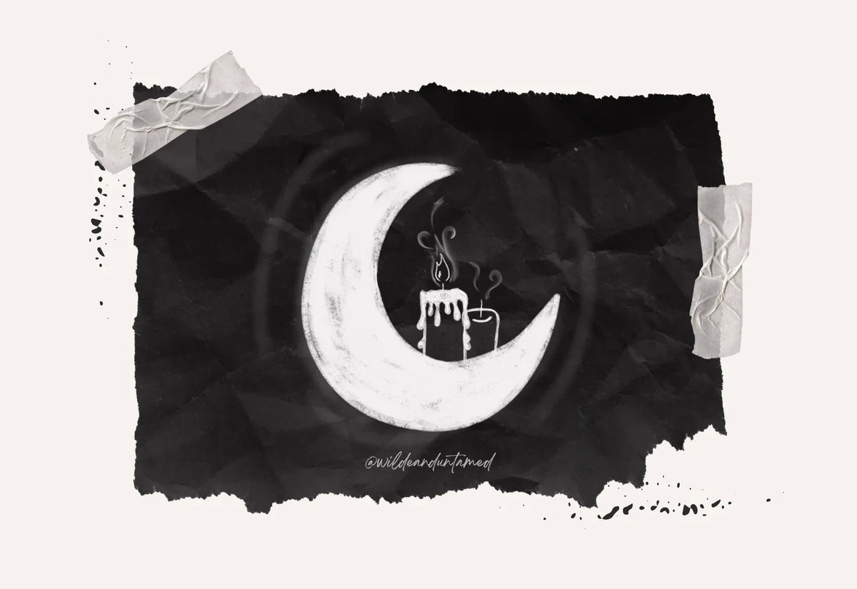 Sketch of a moon and candles flickering, symbolizing finding light in darkness