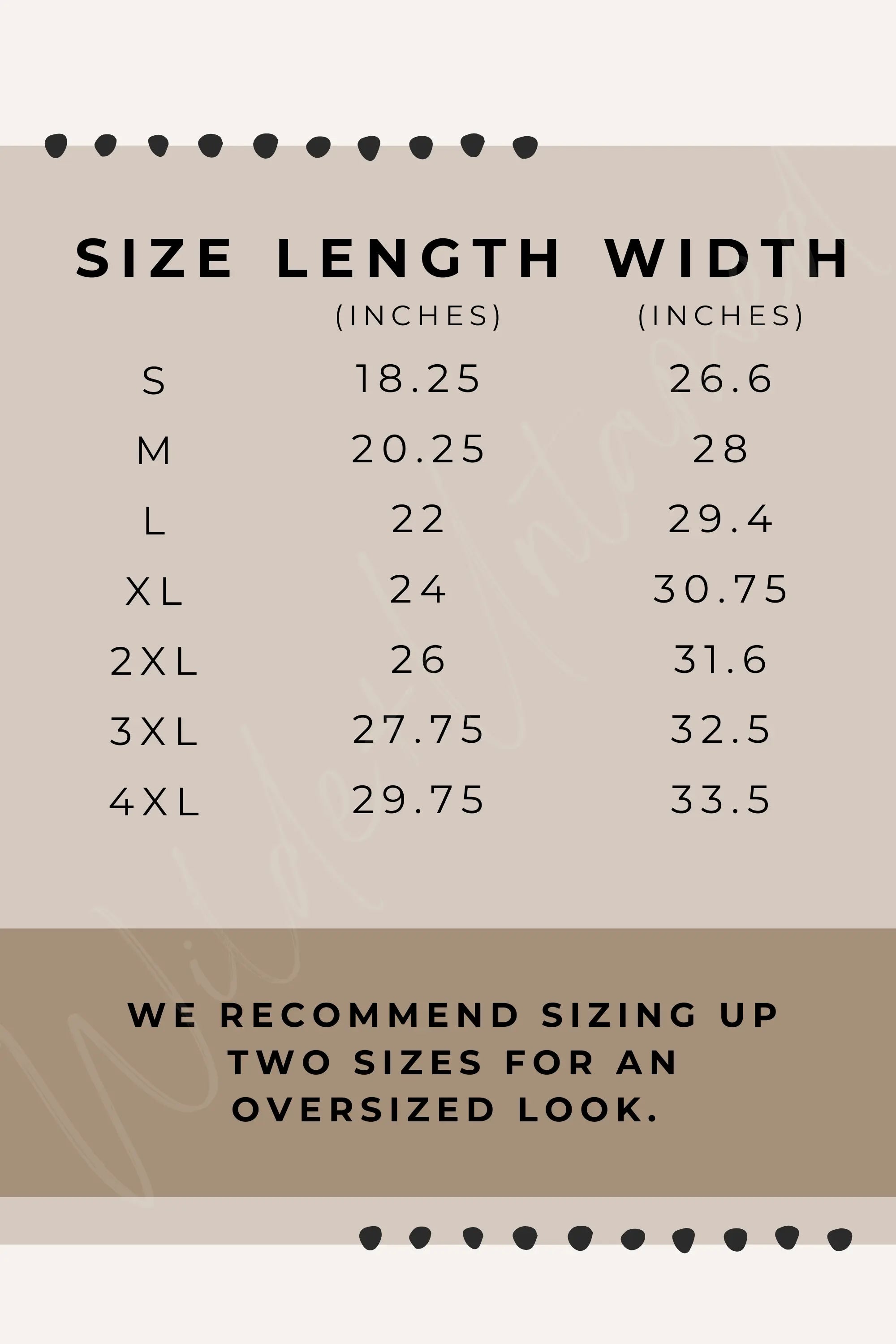 Comfort Colors size guide chart displaying measurements for width and length in inches for sizes S, M, L, XL, 2XL, 3XL and 4 XL. Includes helpful sizing information to ensure the perfect fit.