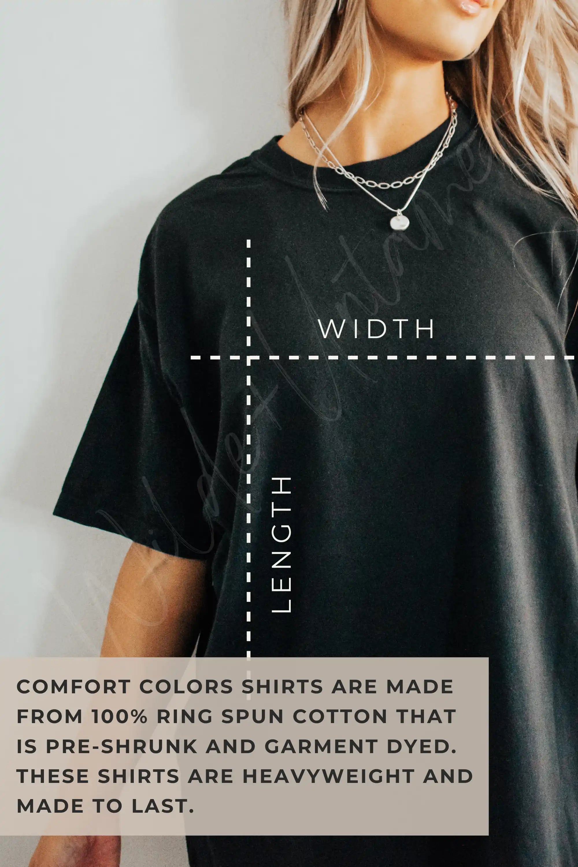 Blank Comfort Colors t-shirt mockup in black color with a text box overlay describing the material and quality. Features 100% ringspun cotton fabric known for its durability and lived-in feel.