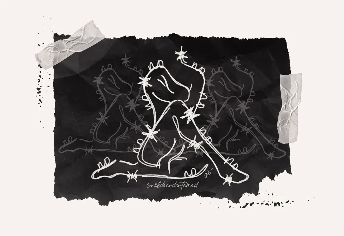 Hand-drawn outline of a woman's body sitting, wrapped in barbed wire with the word 'no' in cursive repeated along the outline—symbolizing boundaries, protection, and reclaiming personal power.