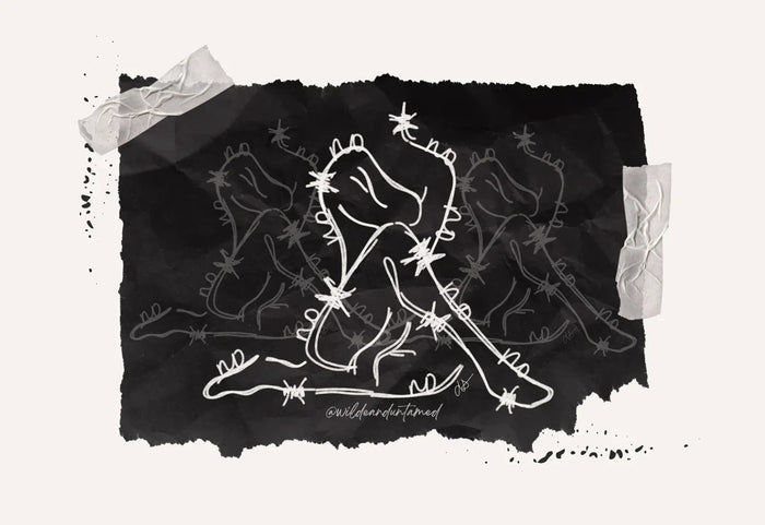 Hand-drawn outline of a woman's body sitting, wrapped in barbed wire with the word 'no' in cursive repeated along the outline—symbolizing boundaries, protection, and reclaiming personal power.