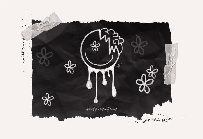  hand drawn dripping smiley face with brain protruding and flower for the eye, original artwork