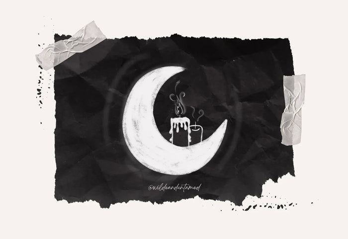 Sketch of a moon and candles flickering, symbolizing finding light in darkness